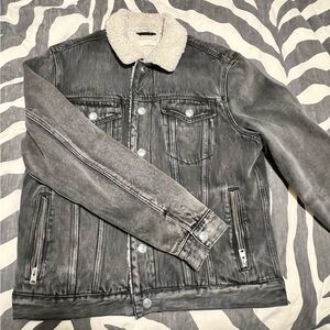 Allsaints Faded Denim Jacket with Sherpa Collar